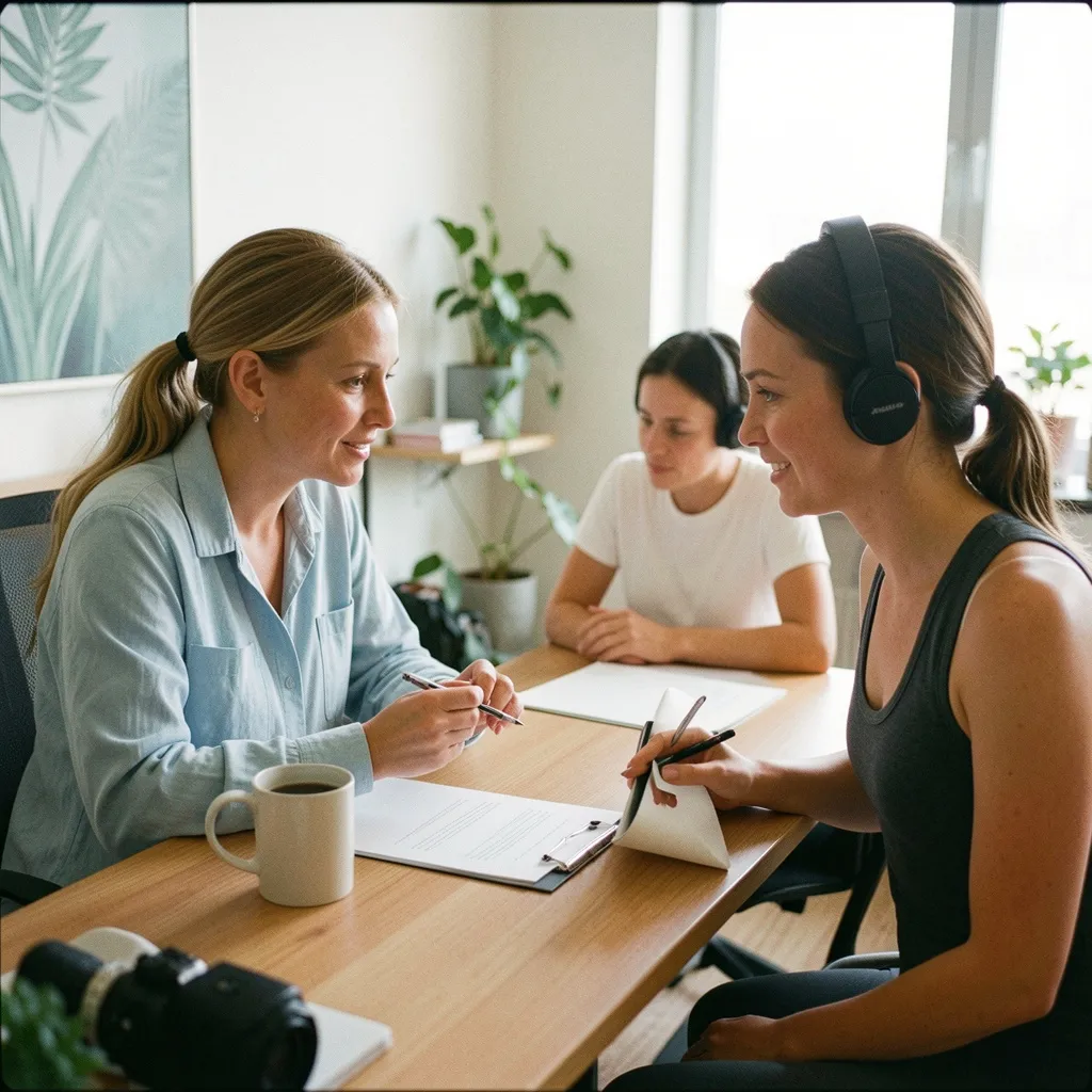 Team members reviewing notes on a wall board